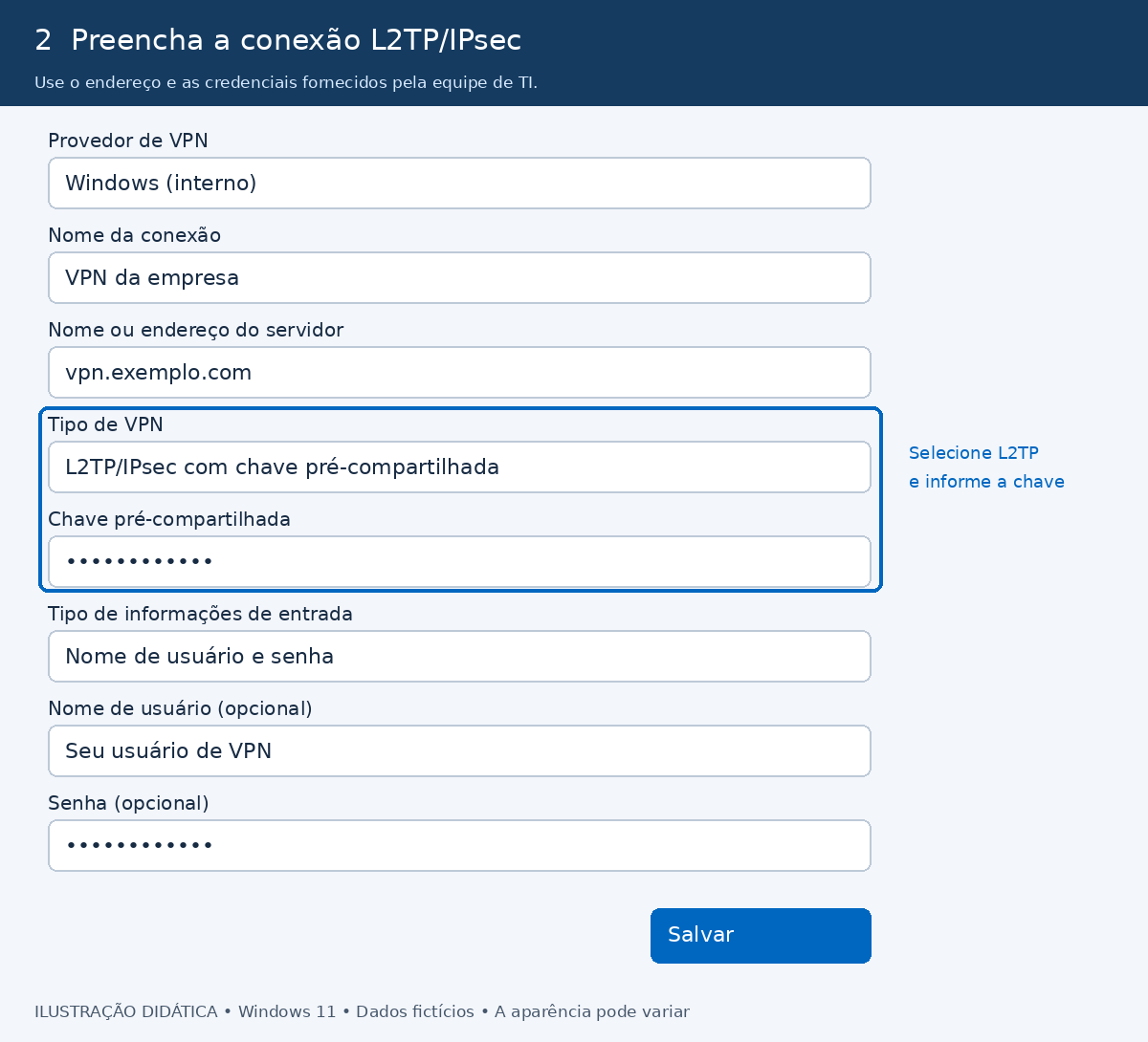 Campos para configurar L2TP/IPsec com chave pré-compartilhada